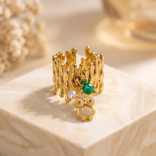 18Kt Gold Plated Textured Statement Adjustable Ring with Owl Charm
