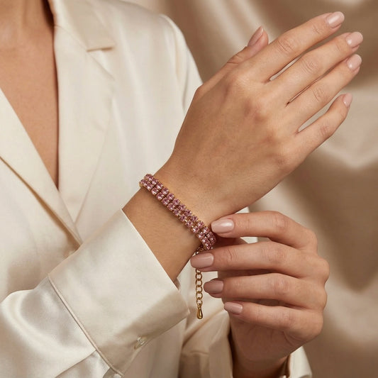 18Kt Gold Plated Pink Crystal Tennis Bracelet