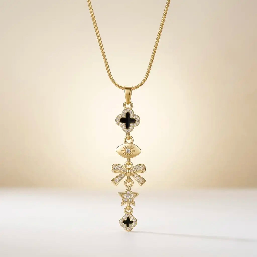 18Kt Gold Plated Bow & Star Charm Y Necklace