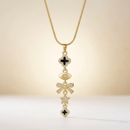 18Kt Gold Plated Bow & Star Charm Y Necklace